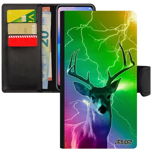 Coque cerf iPhone 8 cuir portefeuille biche eclair faon smartphone antichoc vert case animal telephone multicolore design de