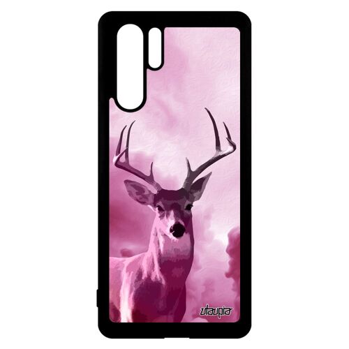 Coque silicone pour Huawei P30 Pro cerf cervide ciel rose foret design etui animal antichoc biche brame mobile unique nuage faon
