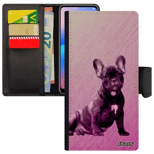 Coque Iphone 15 Simili Cuir À Rabat Portefeuille Porte Cartes Silicone Chien Canin Design Noir Bulldog Antichoc Aimantée Chiot