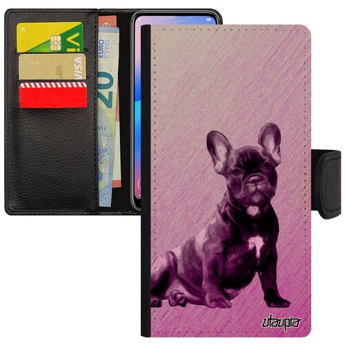 Coque Iphone 13 Mini En Simili Cuir Rabat Porte Cartes Chien Dessin Chiot Bulldog Animaux De Protection Mignon Made In France