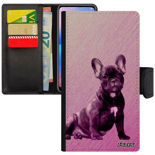 Coque Iphone 12 Mini En Simili Cuir Rabat Chien Telephone De Protection Chiot Bulldog Design Mobile Texture Mignon Rose Animal
