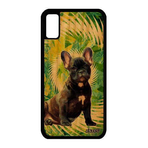 Coque bois naturel silicone antichoc pour iPhone X chien animaux de protection vert design canin bulldog animal chiot texture