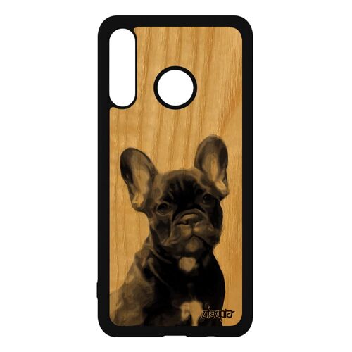 Coque silicone pour P30 Lite en vrai bois chien animaux animal canin jolie gris chiot MAR-LX1A design bulldog souple antichoc Huawei