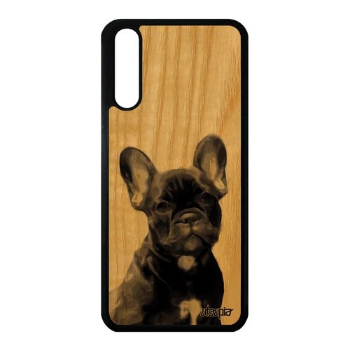 Coque En Bois Silicone Huawei P20 Chien Design Bulldog Canin Animal Etui Gris Rigide Chiot Jolie Animaux Antichoc Nature Mignon De