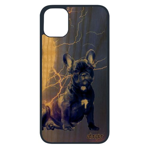 Coque chien iPhone 11 pro bois silicone mobile orage mignon eclair chiot animal bulldog noir foudre design animaux etui canin