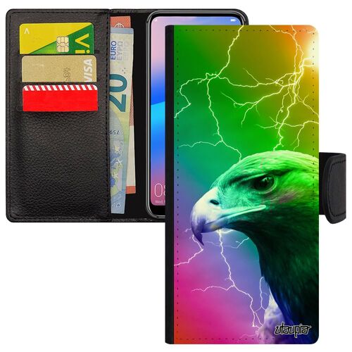Coque Samsung A03S portefeuille aigle eclair multicolore smartphone telephone animaux rapace animal motif portable royal vert galaxy