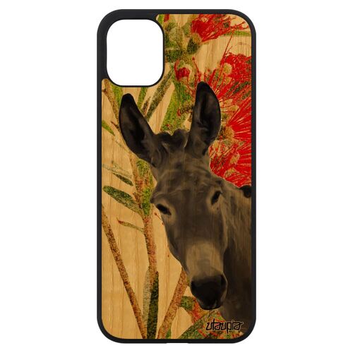 Coque Silicone Ane Iphone 11 En Bois Etui Nature Bourrique Peinture Animal Personnalisé Souple Original Fleurs Animaux Housse