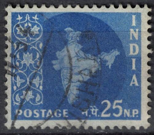 Inde 1957 Oblitéré Used Map Of India Carte Mappe De L'inde 25 Naye Paisa Bleu Outremer Su