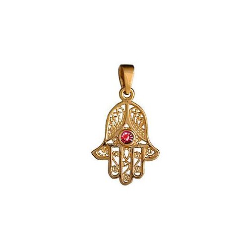 Pendentif Main De Fatma Pierre Rouge Plaqué Or