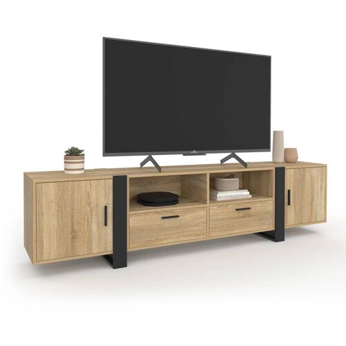 Meuble TV 200 cm PHOENIX 2 portes 2 tiroirs bois et noir