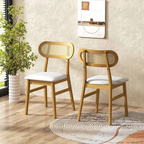 Costway Lot 2 Chaises De Salle À Manger 49x48x79cm - Siège Rembourré Et Housse En Similicuir Dossier En Rotin Cannage Elégant Blanc