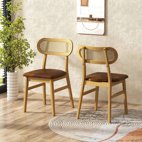 Costway Lot 2 Chaises De Salle À Manger 49x48x79cm - Siège Rembourré Et Housse En Similicuir Dossier En Rotin Cannage Elégant Brun