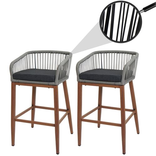 Lot De 2 Tabourets De Bar Rope Hwc-O22, Coussins D'extérieur En Corde Tressée Métal Aspect Bois   Gris Clair, Coussins Gris Foncé