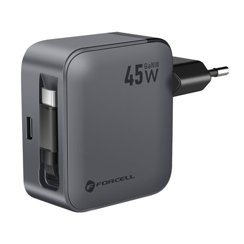 Chargeur 2 en 1 Smartphone et Tablette 45W GaN III USB-C avec Câble Rétractable Forcell Noir