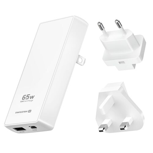 Chargeur de Voyage MacBook Laptop GaN 65W Port USB-C et USB Prises EU / UK / US Swissten Blanc