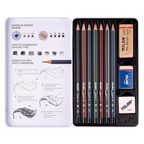 Crayons Graphite - Assortiment De Mines 2h,H,Hb,B,2b,4b,6b + 2 Gommes - Milan