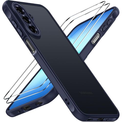 KALANKA-Coque Mat pour Samsung Galaxy A17 4G / 5G avec 2 Pièces Verre Trempé, Protection Antichoc Militaire Arrière Translucide Étui de Protection Mince Dur PC Anti-Rayures Bumper Housse, Bleu