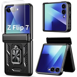 JGD-Coque pour Samsung Galaxy Z Flip 7 avec Avant Protection Écran et Charnière, Anneau Support Renforcée Etui, Antichoc Étui de Militaire Protection pour Samsung Galaxy Z Flip 7 Housse, Noir