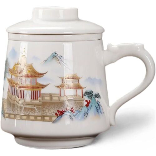 Tasse À Thé Avec Infuseur Et Couvercle, En Céramique, Motif Paysage Peint À La Main, Grande Poignée En Bois, Pour Une Utilisation Quotidienne Et De Bureau, 350 Ml