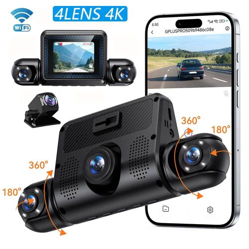 Caméra De Tableau De Bord Dvr Pour Voiture,4 Canaux,Application Wifi,Vision Nocturne 24h,Mini Objectif Arrière En Option,Enregistreur Vidéo Dvr Pour Voiture,4k X 1080p,4 Objectifs Black