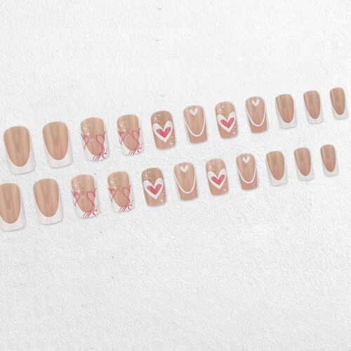 Press On Nails Lang 24 Pièces Françaises Faux Ongles Longs Carrés Motif Artificiel Love Ongles Blancs Et Roses Sur Les Ongle, Parfait Pour La Manucure À Domicile 