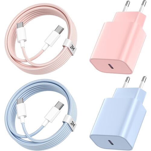 2Pack Chargeur iPhone Charge Rapide, 20W Chargeur USB C Charge Rapide Type C Prise avec 2M Câble USB C pour iPhone 16 Pro/16 Pro Max/16 Plus/15 Pro/15 Pro Max/15 Plus - Rose+Bleu