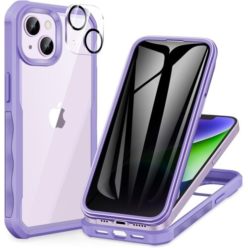 TRAHOO-Anti Espion Coque iPhone 14 Plus, avec Protection écran Verre Trempé Anti Espion et Protecteur Caméra, 360° Antichoc Téléphone Housse Double Face Case Intégrale Etui Transparente - Violet