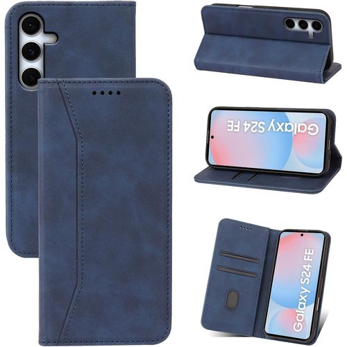 TRAHOO-Coque pour Samsung Galaxy S24 FE,[Housse en Cuir PU Premium] [Magnétique] [Stand Fonction] Flip Coque pour Étui(Bleu)