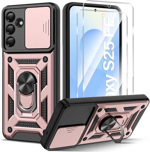 AEFJ-Coque Compatible avec Samsung Galaxy S25 FE 5G avec 2 Verre Trempé, Lentille Coulissante Couverture, Support 360° Rotatif Militaire PC Dur Renforcée Armor Antichoc Bumper Housse Etui-Or Rose