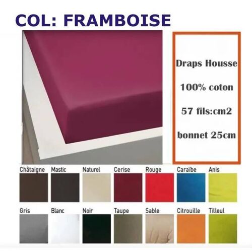 Drap Housse - Framboise - 160x200 Cm - 100% Coton - 57 Fils/Cm2 - Bonnet 25 Cm