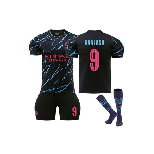Manchester City Deuxième Maillot Extérieur Uefa Haaland #9 Ensemble Football 3 Pièces Enfant Adulte ¿ T-Shirt + Short + Chaussettes