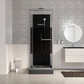 Cabine de douche carree 80x80x215cm - Porte pivotante - Lignes grises anthracites - SCRATCHY 2