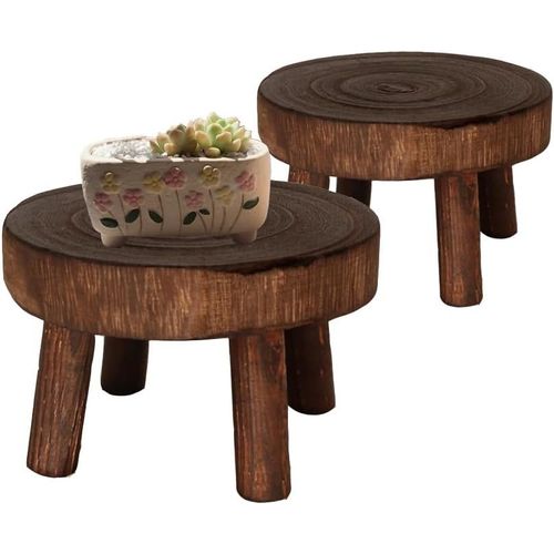 Kalanka-Lot De 2 Mini Tabourets En Bois De Style Bohème Pour Pots De Fleurs Décoratifs Pour Jardin, Salon, Balcon Ou Bureau, Marron Foncé (Taille S)