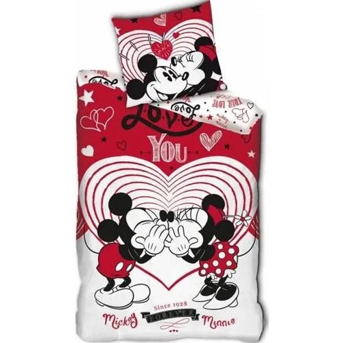 Parure De Couette - Homerokk - Mickey Et Minnie - 140x200 Cm - Drap Housse 90x190 - Rouge