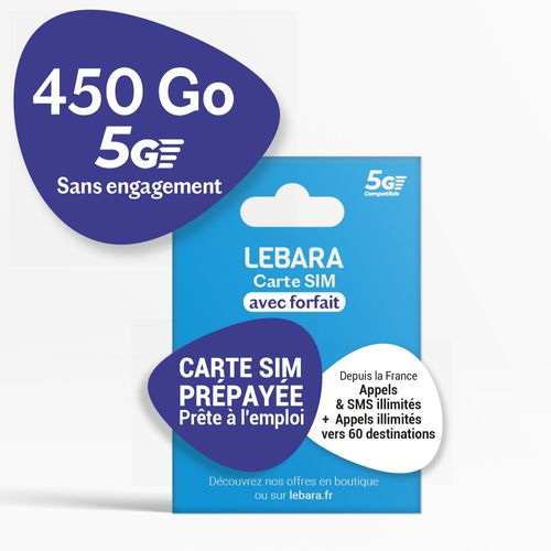 Carte Sim Prépayée Lebara - 450 Go 5g (Réseau Sfr) - Appels/Sms Illimités France + Appels Illimités Vers 60 Pays - 19 Go Ue - Sans Engagement 30 Jours