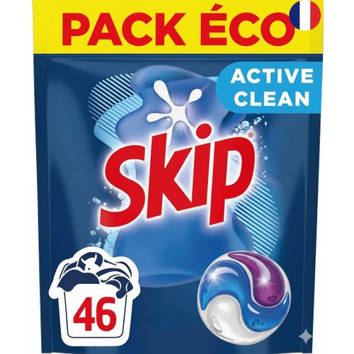 Skip - Lessive Capsules Tout en 1 Active Clean - Propreté Impeccable - Fraîcheur Longue Durée - Détache les vêtements tout en respectant fibres et couleurs - 46 Lavages
