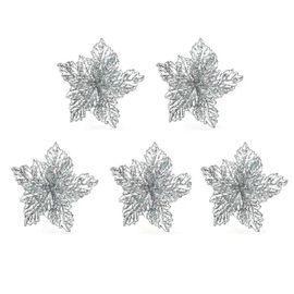 Offerta 5 Poinsettie Appendibili Con Clips 23.5 X 10 Cm Con Glitter Argento Natale