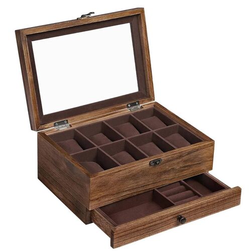 Boîte à montres présentoir à bijoux 8 places coffre à bijoux en bois massif avec coussinets vitre en verre pour bagues bracelets cadeau noel marron Helloshop26 12_0004390