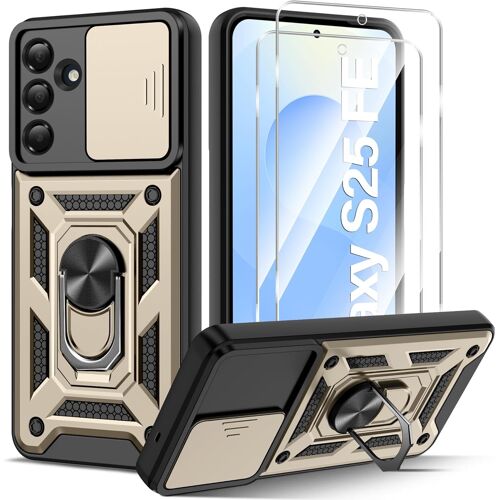 AEFJ-Coque Compatible avec Samsung Galaxy S25 FE 5G avec 2 Verre Trempé, Lentille Coulissante Couverture, Support 360° Rotatif Militaire PC Dur Renforcée Armor Antichoc Bumper Housse Etui - Or