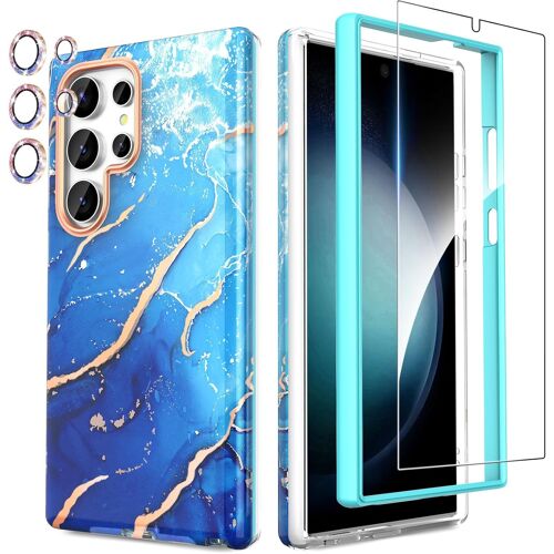 AEFJ-Coque pour Samsung S24 Ultra, 4 en1 Paillette Caméra Protection & Verre Trempé & Bumper, Coque pour Galaxy S24 Ultra avec Paillettes, Brillant,Antichoc, Bleu Océan