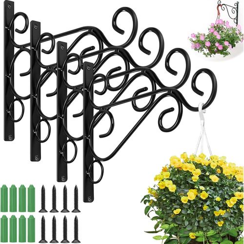 Nouvelhorizonstore-4pcs Crochets Accroches Plante Murales Avec Vis, Supports De Suspension Muraux En Métal, Accessoires Panier Suspendus Jardin En Fer Forgé Pour Paniers Plantes, Mangeoires À Oiseaux