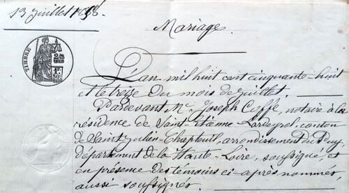 Vieil Acte Certificat Notarié Mariage Juillet 1858 À Chaspinac Entre Jacques Douspis Et Henriette Chabrier Devant Notaire