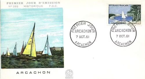 France 1961, Belle Enveloppe 1er Jour Fdc 392, Timbre Yvert 1312, Arcachon, Belle Illustration Couleur - Voiliers Sur Le Bassin. -