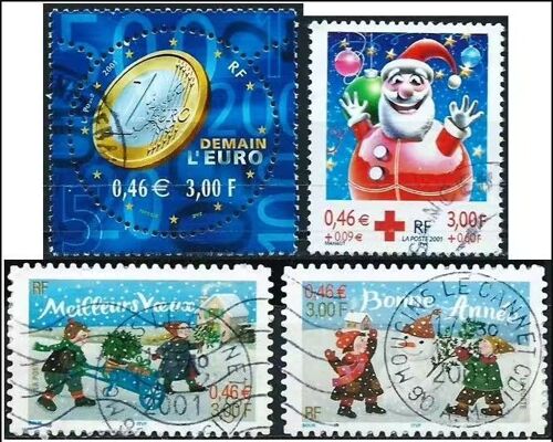 France 2001, Beaux Timbres Yvert 3402 Demain L'euro, 3436 Croix Rouge, Fêtes De Fin D'année Et 3437 3438 Bonne Année Et Meilleurs VUx, Oblitérés, Tbe.