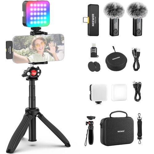 Neewer Kit De Vlogging Pour Téléphone Avec Lumière Led Rvb / Système De Microphone Sans Fil Lavalier / Perche À Selfie, Trépied De Téléphone