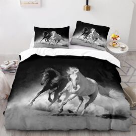 Parure De Lit Enfant Personnes Housse De Couette Cheval Xcm Avec Taies D'oreiller Xcm Microfibre Blanc Noir Marron Cheval Animal Literie Pour