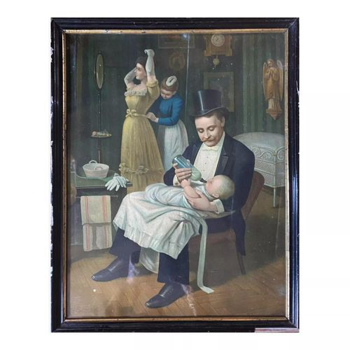 Tableau chromo 1900 scne de famille parisienne lgante et papa biberon multicolore