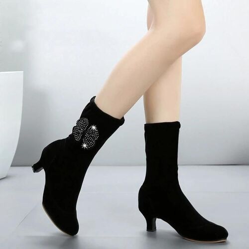 Chaussures De Danse Latine-Bottines À Talon Moyen En Velours Doux,Taille 40,Noir Noir,40