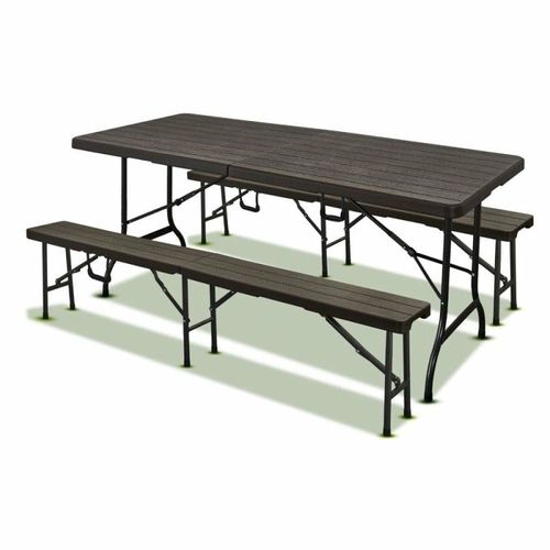 Lot Table Pliante Effet Bois + 2 Bancs - 8 Personnes