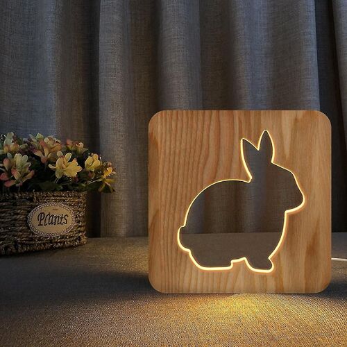 Rabbit Night Light Pour Enfants Lampe en Bois 3D Créative Lumières en Bois Simples Lumières Décoratives 3D Bois Sculpture Motif Led Veilleuse Pour Bureau